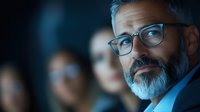Confident mature businessman with glasses and beard smiling in modern office environment with blurred colleagues in background for corporate presentations.