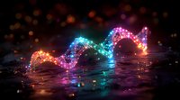 Glowing rainbow wave of light particles flowing in dark space with bokeh effect creates magical atmosphere for fantasy and abstract designs.