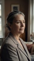 Mature Caucasian businesswoman in beige blazer looking thoughtfully out window in elegant home office setting with natural lighting and warm interior.