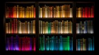 Illuminated bookshelf with colorful glowing books arranged in rainbow spectrum pattern, perfect for education, knowledge and library concepts. Dark atmospheric interior design background.