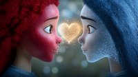 Young couple in profile facing each other with glowing heart shape between them, magical romantic moment with bokeh light effects and ethereal atmosphere.