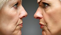 Side view comparison of aging process showing mature caucasian woman faces with wrinkles and smooth skin demonstrating before and after skincare results.