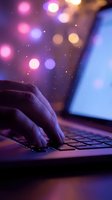 Hands typing on laptop keyboard with colorful bokeh lights and screen glow creating atmospheric workspace ambiance for digital work and technology concepts.