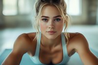 Young athletic Caucasian woman in light blue sports bra looking directly at camera with confident expression during workout session in gym. Natural makeup and blonde hair in messy bun.