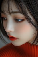 Close-up portrait of young Asian woman with red lipstick, long eyelashes and bangs wearing red sweater, looking down with dreamy expression in soft lighting.