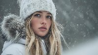 Young woman in white knit hat and fur-trimmed coat during snowfall, with long blonde hair and natural makeup against winter backdrop.