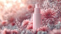 Pink cosmetic pump bottle surrounded by delicate coral dahlias and baby's breath flowers in soft dreamy lighting, creating luxurious skincare product presentation.