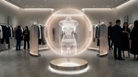 Futuristic fashion retail store interior with glowing circular display showcasing white lingerie set while customers browse clothing racks in modern space.