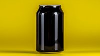 Black aluminum beverage can mockup on vibrant yellow background, minimalist product photography for branding and packaging design presentation.