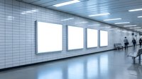 Empty subway station corridor with four illuminated blank advertising billboards on white tiled wall, modern underground transit interior for commercial messaging and promotional campaigns.