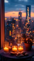 Romantic evening setup with champagne, glowing candles and city lights bokeh through window. Cozy balcony atmosphere with flowers and snacks at sunset.