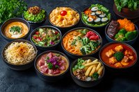 Asian fusion cuisine variety in black bowls featuring ramen, sushi rolls, noodles, soups, and fresh salads with colorful garnishes on dark background. Restaurant menu concept.