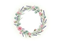 Delicate floral wreath with pink roses, lavender sprigs, and eucalyptus leaves on white background, perfect for wedding invitations and greeting cards.