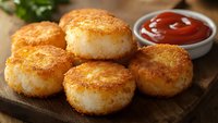 Golden crispy potato croquettes served on wooden board with tangy red sauce for dipping, comfort food appetizer ready to enjoy.