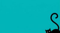 Silhouette of black cat with curved tail on turquoise background, isolated design element suitable for t-shirts, logos, and graphic design projects.