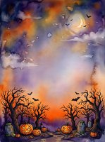 Watercolor Halloween scene with jack-o-lanterns, bare trees, bats flying around crescent moon, tombstones and spooky autumn atmosphere for seasonal designs.