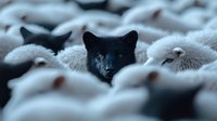 Black fox with piercing blue eyes hidden among white sheep, creating striking contrast in mysterious and ethereal composition. Wildlife meets farm animals in surreal scene.