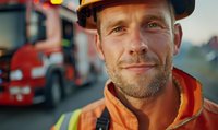 Confident construction worker in safety gear and hard hat smiling at camera with fire truck in background, portraying workplace safety and emergency services.