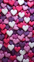 Colorful heart pattern background with pink, purple, and white 3D hearts perfect for Valentine's Day designs, romantic cards, and love-themed projects. Seamless texture for festive decoration.