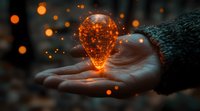 Glowing orange light bulb shape floating above open palm with magical sparkles and bokeh effects against dark background, creating mystical atmosphere.