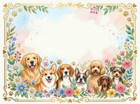 Watercolor dogs and flowers frame with copy space, featuring golden retriever, corgi, beagle, poodle, dachshund, and terrier breeds.