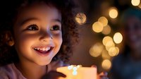 Joyful mixed race little girl with curly hair holding glowing gift box against blurred Christmas lights background, expressing genuine happiness and wonder.