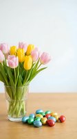 Fresh pink and yellow tulips in glass vase with colorful chocolate Easter eggs on wooden table against white background for spring holiday celebrations.