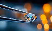 Brilliant diamond held by tweezers against blurred bokeh background with warm orange lights, showcasing luxury jewelry craftsmanship.