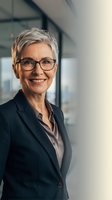 Mature woman with short gray hair and glasses wearing dark blazer in modern office setting, smiling at camera for corporate headshot and business portrait use.