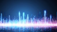 Futuristic city skyline with neon blue and pink light reflections on water surface, glowing digital equalizer bars creating urban nightscape atmosphere.