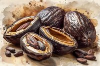 Fresh nutmeg spice whole and cut in half showing inner seed and mace aril on brown watercolor background, aromatic cooking ingredient macro closeup.