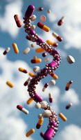 DNA helix structure surrounded by floating pharmaceutical pills and capsules in orange, pink, and white colors against cloudy sky background for medical research concept.