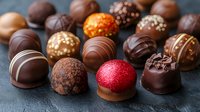 Assorted luxury chocolate truffles and pralines with different toppings and decorations on dark slate background, selective focus on red bonbon in foreground.