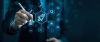 Business professional touching digital rocket icon with connected hexagonal network symbols representing startup innovation and technology growth strategy.