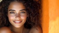 Young woman with natural curly dark hair and radiant smile against vibrant orange background, showcasing genuine happiness and confidence in casual portrait.