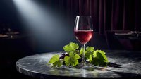 Red wine glass with fresh grape leaves on marble table in dramatic spotlight for luxury dining and wine tasting experiences.