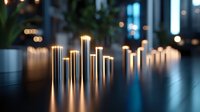 Close-up of illuminated vertical tubes creating a glowing bar chart effect on reflective surface with blurred urban background, representing data growth and financial analytics.