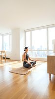 Woman practicing meditation in modern high-rise apartment with city skyline view. Female yogi in lotus position on mat during mindfulness session for wellness and mental health.