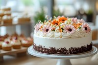 Elegant cream cake decorated with fresh edible flowers and chocolate crumbs on white cake stand, with blurred dessert table background. Perfect for celebrations.