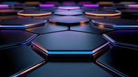 Futuristic octagonal platforms with glowing neon edges create depth perspective on dark background. Abstract technological concept with blue and purple lighting.