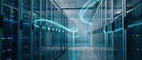 Modern data center with server racks and glowing blue digital network connections, representing cloud computing, data storage, and cybersecurity infrastructure for enterprise technology solutions.