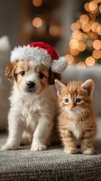 Adorable puppy wearing Santa hat sitting next to orange kitten with warm Christmas lights bokeh background creating festive holiday atmosphere.