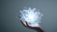 Glowing white lotus flower floating above open palm against gray background symbolizing spirituality, meditation and inner peace for wellness concepts.