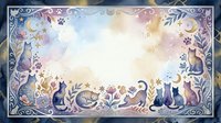 Watercolor cats border frame with floral elements and paw prints on soft pastel background for pet-themed designs and greeting cards.