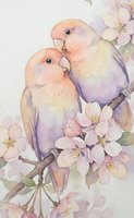 Watercolor lovebirds pair sitting on blooming cherry blossom branch with soft pastel colors for romantic spring greeting cards and wedding invitations.
