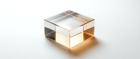 Transparent glass cube with golden and amber light reflections on white background, isolated for design use.