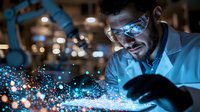 Young African American male scientist in lab coat and protective glasses examining glowing blue particles in dark laboratory setting with dramatic lighting.