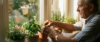 Senior Caucasian man tending to herb garden on sunny windowsill, caring for potted plants indoors. Retirement hobby, sustainable living, home gardening concept.