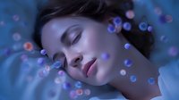 Young woman sleeping peacefully on blue pillow surrounded by glowing magical bokeh lights and sparkles creating dreamy atmosphere for wellness and relaxation concepts.