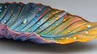 Colorful macro leaf with morning dew drops in rainbow gradient colors from blue to yellow, showing nature's delicate details and water droplets on surface.